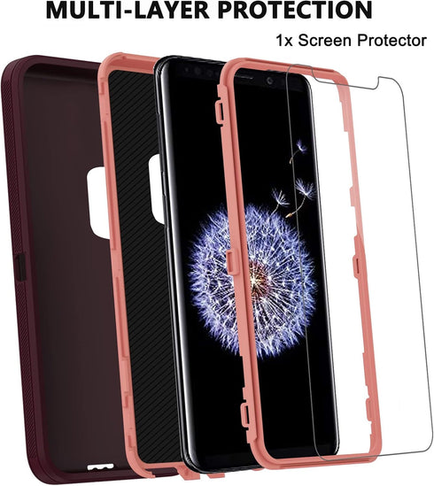 Annymall Samsung Galaxy S9 Case with Screen Protector, Heavy Duty Shockproof Drop-proof Cover (Wine/Pink)