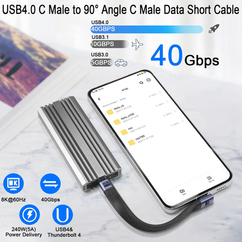 QIANRENON 40Gbps USB4.0 C Male to 90° Angle C Male Data Cable, 240W USB Type C PD Fast Charging, 13cm/5.1in