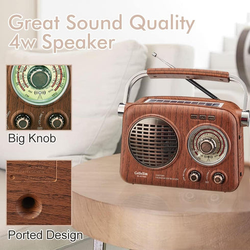 Gelielim Portable AM FM Shortwave Radio, Vintage Bluetooth Speaker with Rechargeable Battery, Small Gifts