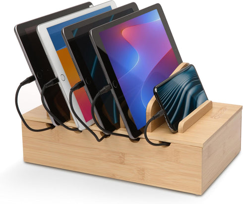 Prosumer's Choice Wooden Charging Station Organizer - 5-Port Base for Phones, Tablets and Laptops