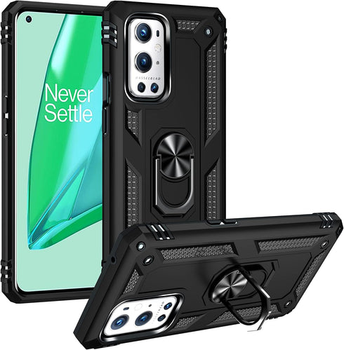 Military Grade Drop Impact Case for Oneplus 9 Pro, 360 Metal Rotating Ring Kickstand Holder, Heavy Duty (Black)
