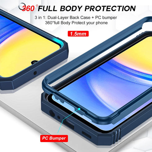 LeYi Galaxy A15-5G Case: Military-Grade Shockproof, Blue, with 2 Tempered Screen Protectors & Credit Card Holder.