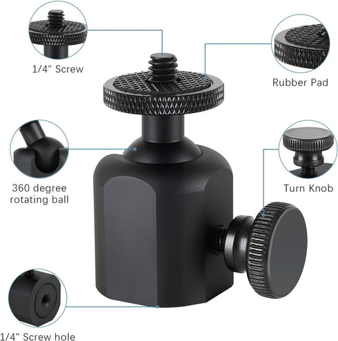 Folgtek 360 1/4 inch 10lbs, (1) Mini Ball Heads Universal Tripod Ball Head Camera Screw Mount, Degrees Rotatable Tilt