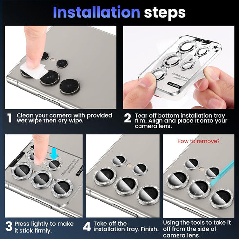 Tensea (3+2PCS) for Samsung Galaxy S24 Ultra 5G Camera Lens Protector, 9H Tempered Glass Cover, Metal Individual Ring,