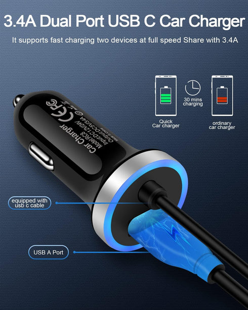 Cell Phone Car Charger for Samsung Galaxy A25 A15 5G A13 A14 A24 A03s A73 A71 A50 S24 S23 S22 Ultra S21 S20, USB C