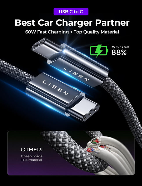 LISEN 95W USB C Car Charger Fast Charging PD65W Super Fast Charging Car Phone Charger Adapter Type C All Metal