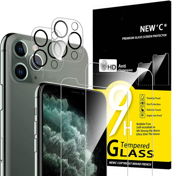 NEW'C 4 Pack, 2 Pack Screen Protector for iPhone 11 Pro Max + 2 Pack Camera Lens Protector, Case Friendly