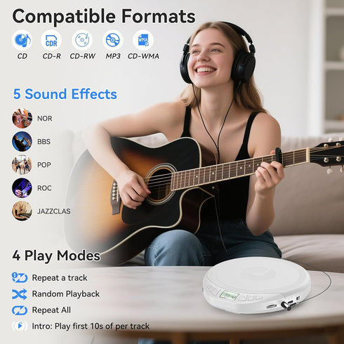 Gueray Discman Portable CD Player with Earphones,CD for Car Home with Anti-Skip Shockproof Protection,Personal CD Music