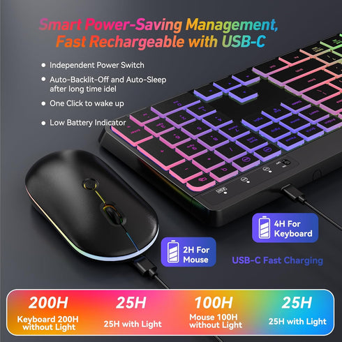 Wireless Keyboard and Mouse Combo with Backlit, 2.4G Full Size Ergonomic Keyboard with Light Up Letters, Rechargeable