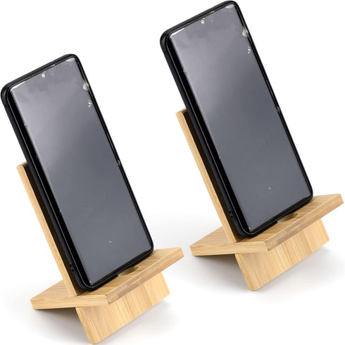 IFAMIO 2 Pack Bamboo Cell Phone Stand, Wooden Phone Holder with Charging Hole, Portable Desk Organizer for iPhone,
