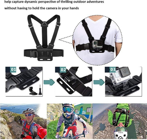 4 in 1 Chest Strap and Head Mount for GoPro Hero 12, 11, 10, AKASO EK7000, Brave 4, V50, Dragon Touch Action Cameras