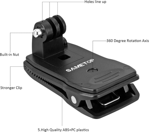 Sametop Quick Clip Mount for Backpack, Compatible with GoPro Hero 13, 12, 11, 10, 9, 8, 7, 6, 5, 4, Session, 3+, 3, 2,