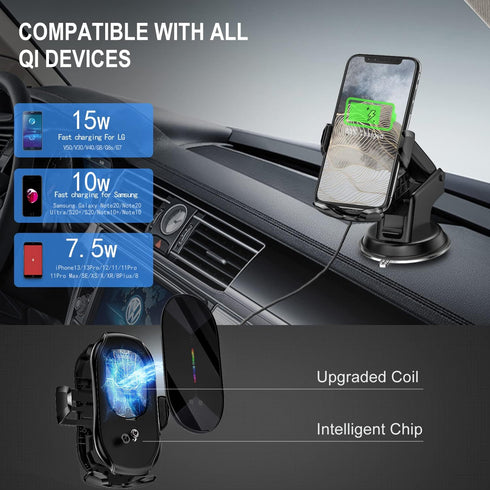 Wireless Car Charger Mount, 15W Qi Fast Charging Auto-Clamping Phone Holder for iPhone & Samsung