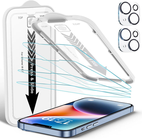 iPhone 14 Screen Protector 4 Pack with 2 Camera Lens Protectors, 9H Hardness, Drop Protection, Easy Install, HD Clear.