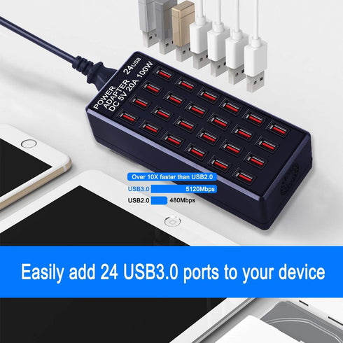 24-Port 100 Watt USB Charging Station, Fast Charger for Home & Travel