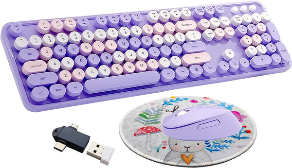 Wireless Keyboard and Mouse Combo, Ergonomic Retro Typewriter Full Size USB Cordless Set for Gaming