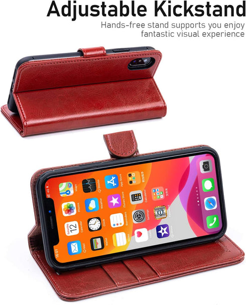 OCASE Phone X Wallet Case - Red, Leather Flip Wallet Cover with Card Slot, Kickstand, Wireless Charging, Phone 10 Case
