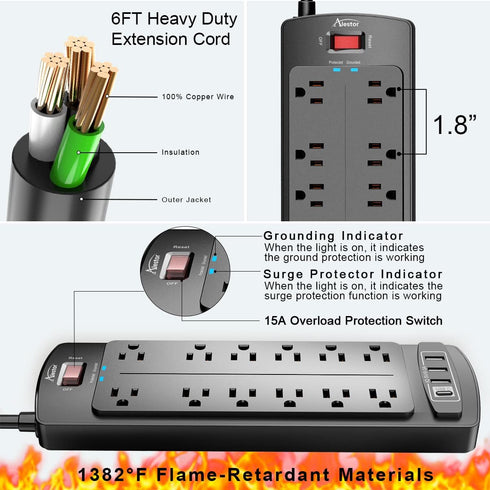 Alestor 12 4 6 (1875W/15A), 2700 Power Strip, Surge Protector with Outlets and USB Ports, Feet Extension Cord Joules