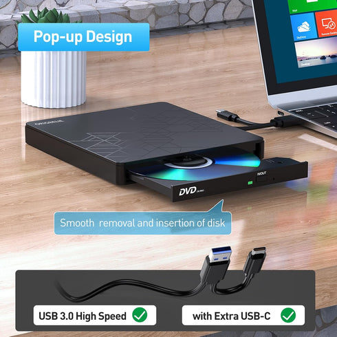 External DVD Drive, USB 3.0 Type C CD/DVD ROM +/-RW Adapter for Laptop PC, Compatible with Mac Windows