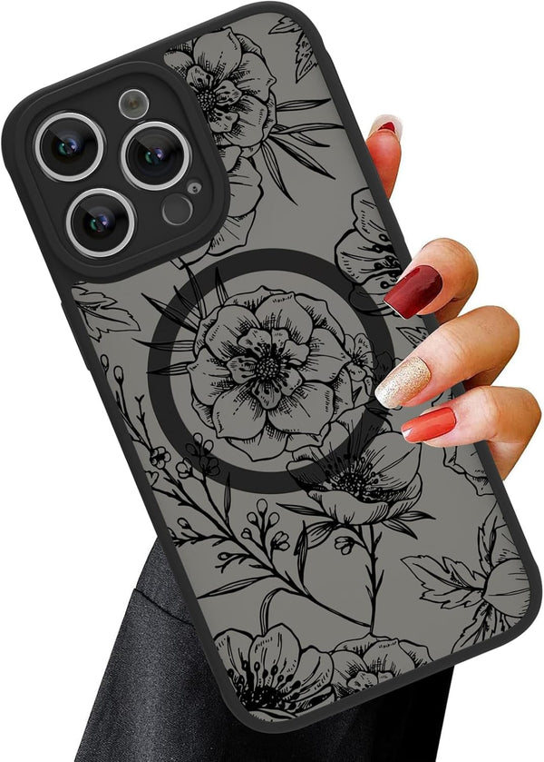 OOK Black Floral Pattern Magnetic Case for iPhone 13 Pro, Compatible with MagSafe, Slim Translucent Matte Protection