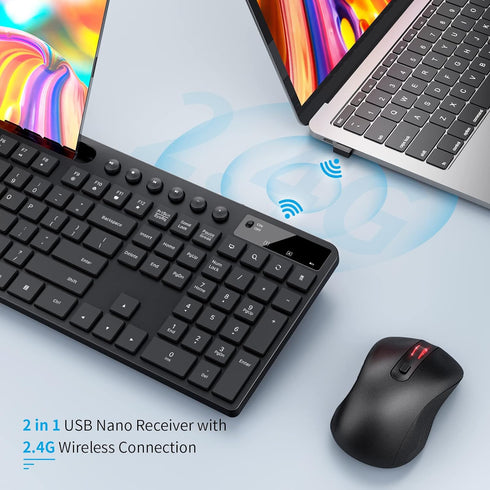 MARVO Wireless Keyboard and Mouse Combo - 2.4G Ergonomic Keyboard with Phone Tablet Holder, Silent Mouse (Black)