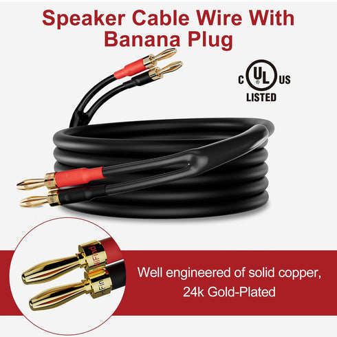 Speaker Cable Wire 30 Ft with Gold-Plated Banana Tip Plugs-UL CL3 Rated-Indoor&Outdoor&in Wall-Flexible-16 AWG Gauge Tinned Copper for Bi-Wire Bi-Amp HiFi Surround Sound-Black