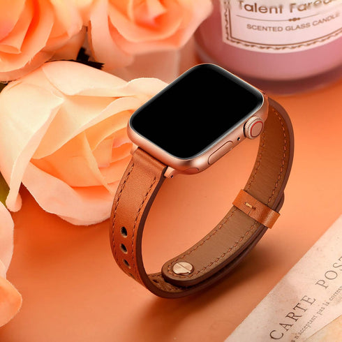 OUHENG Slim Bands for Apple Watch 42mm 41mm 40mm 38mm, Women Genuine Leather Replacement Thin Strap (Brown/Rose Gold)