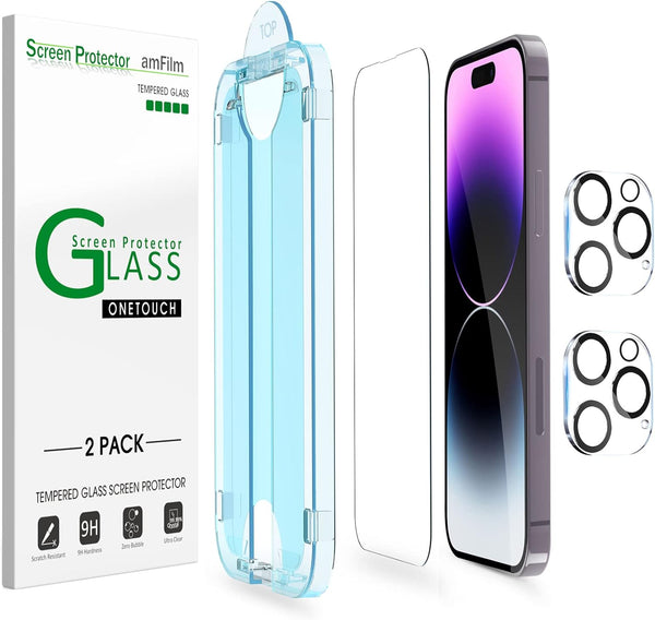 amFilm OneTouch Glass Screen Protector for iPhone 14 Pro 6.1" (2022) - Bubble Free, Easy Install, 2+2 Pack, Lens
