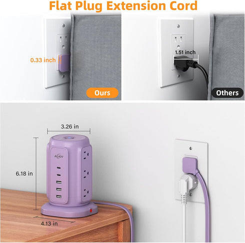 AiJoy 9 5 1200J 1625W USB C Power Strip Tower, AC Outlets and USB Ports Power Tower, Surge Protection, Flat Plug