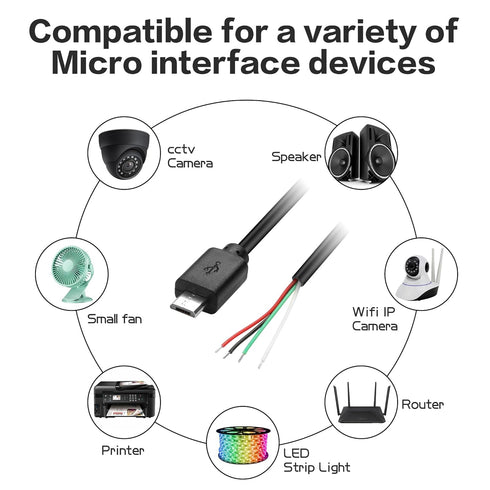 YAODHAOD Micro USB Male 4 Pin Bare Wire, 5V 2A Micro USB Pigtail Power Cable for DIY Replacement Repair (5PCS)