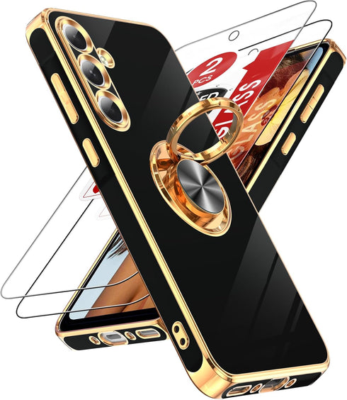 LeYi Samsung Galaxy A35 5G Case with Tempered Glass Screen Protector, 360° Rotatable Ring Holder, Black
