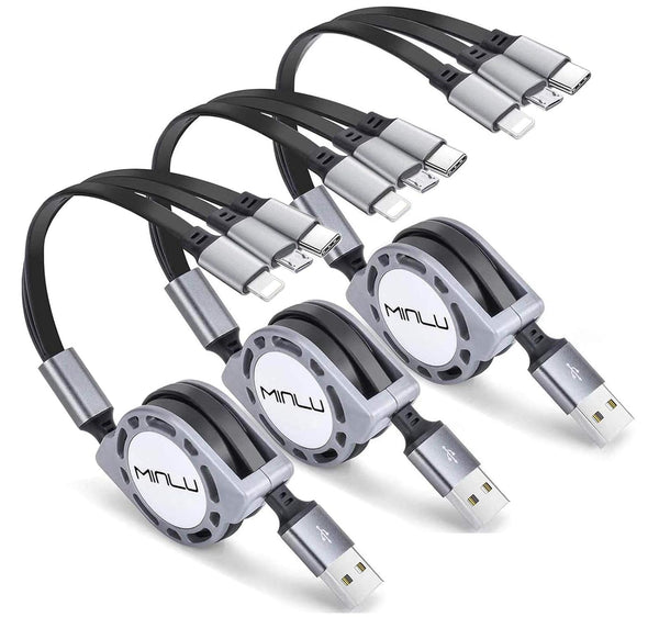 3-Pack Retractable 4Ft Multi Charging Cable 3A - 3 in 1 USB Cable for Samsung Galaxy, LG, Huawei, Tablets & More.