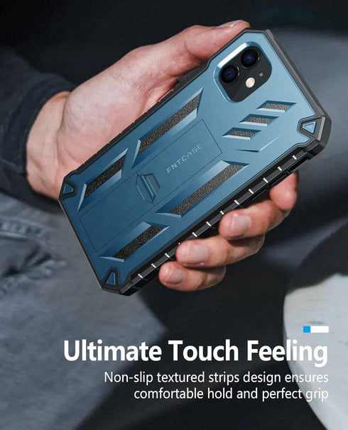 FNTCASE iPhone 12 Pro Case: Rugged Military Grade Drop Proof Cover with Kickstand, Matte Textured TPU, 6.1" - Blue