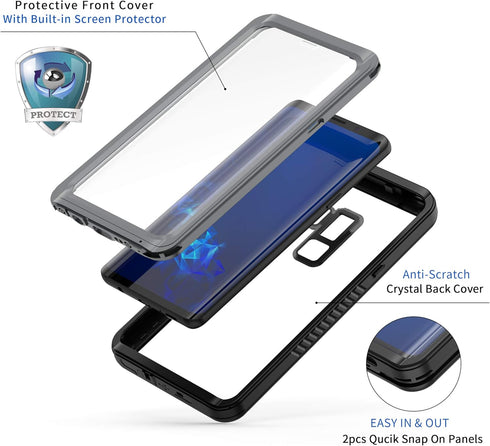 Lanhiem Rugged Full Body Case for Samsung Galaxy S9+ Plus, IP68 Waterproof Dustproof with Built-in Screen Protector