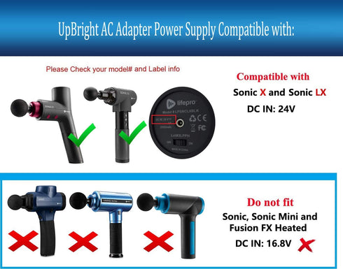 UpBright 24V AC Adapter Compatible with LifePro Life Pro Sonic X SonicX LPSNCXBLK LPSNCXBLU LX SonicLX LPSNCLXBLK LPSNCLXBLU Plus SonicPlus M1 PulseFX Pulse FX LPPLSFXBLU Massage Gun Charger(NOT 16.8V