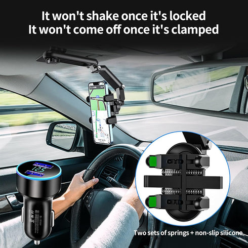 Phone Mount for Car, Rearview Mirror Holder, Rotatable and Retractable for iPhone and Android Smartphones