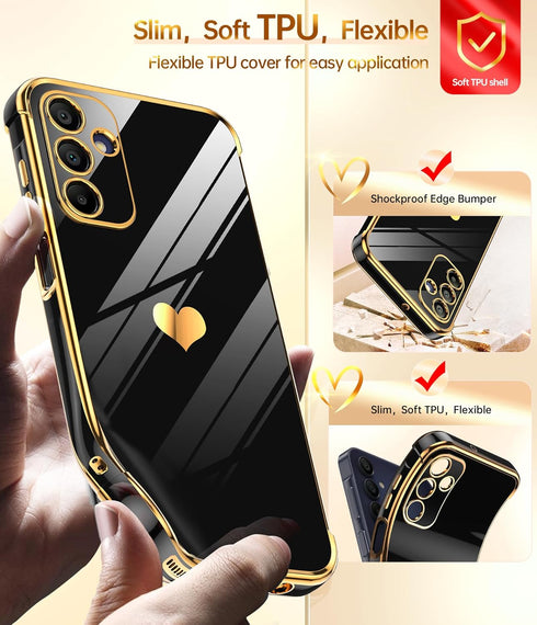 LeYi Love Heart Plating Women Cute Luxury Soft TPU Shockproof Case for Samsung Galaxy A15 5G with Tempered Glass Screen