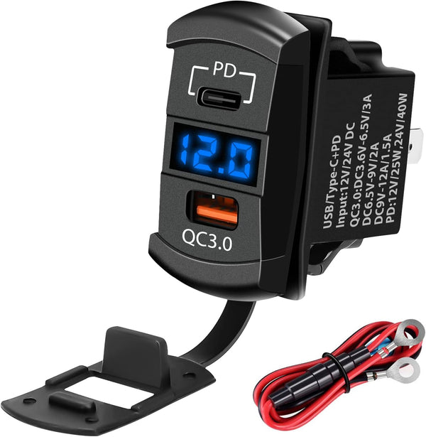 USB Rocker Switch Outlet, Linkstyle QC 3.0 USB-A Port with Blue LED Display, Waterproof 12V 24V Rocker Switch