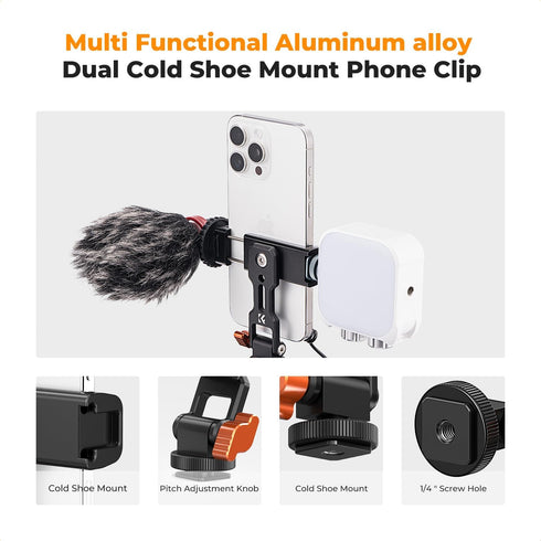 K&F Concept Metal Phone Tripod Mount, Universal Smartphone Stand with 2 Cold Shoe Mount, Adjustable Cellphone Holder