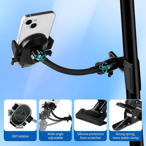 Clip Phone Holder for Desk, 360° Adjustable Gooseneck Arm Clamp Mount for 4-7” Smartphones, Compatible with iPhone