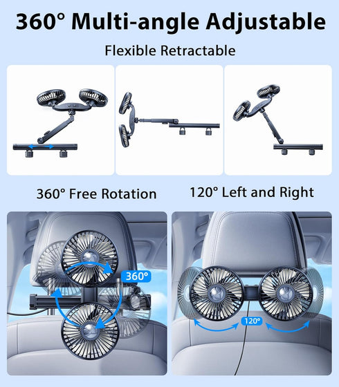 5V/ 12V /24V Long Arm Dual Head Car Cooling Fans for Back Seat for Kids, Usb Car Backseat Headrest Fan for Baby Rear