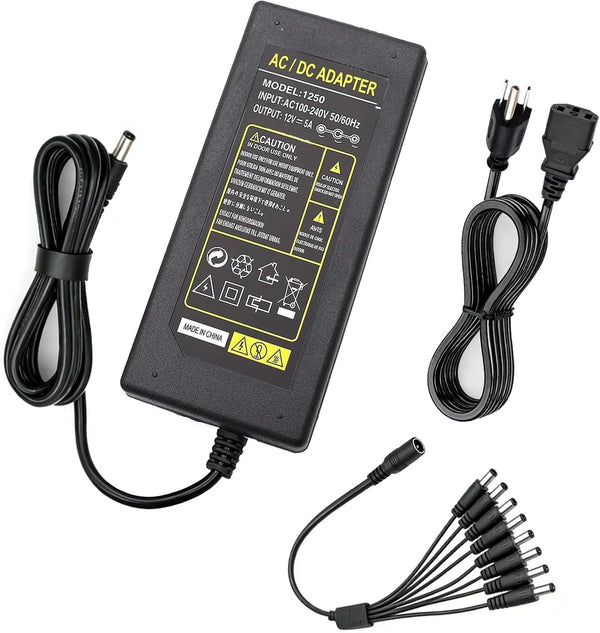 Tnuocke 3-Prong Security Camera Power Adapter,12V 5A 100V-240V Camera Power Adapter 8-Way Power