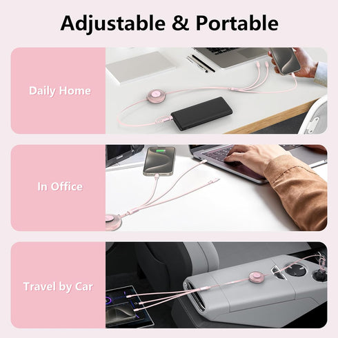 USB C Retractable Multi 5-in-1 Charging Cable, 100W+27W+10W PD Fast Charger for iPhone 15/14/13/12/Samsung S23, Pink
