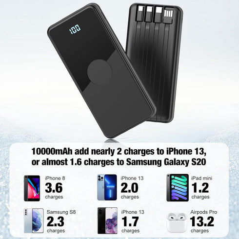 Portable Charger with Built-in Cables, High Speed Power Bank 10000mAh, 5 Outputs 3 Inputs for iPhone, Samsung, Tablets