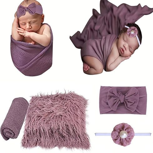 SPOKKI Newborn Photography Props Outfits - 4 Pcs Baby Long Ripple Wrap, Toddler Swaddle Blankets, Photography Mat, Cute