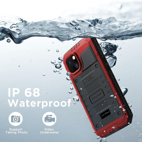 Mitywah Waterproof Case for iPhone 14 Plus - Heavy Duty Shockproof with Built-in Screen Protector, Red