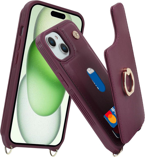 iPhone 15 Case with Card Holder and Strap for Women, Crossbody Lanyard, Stand Ring Kickstand, Phone Wallet Cases 6.1