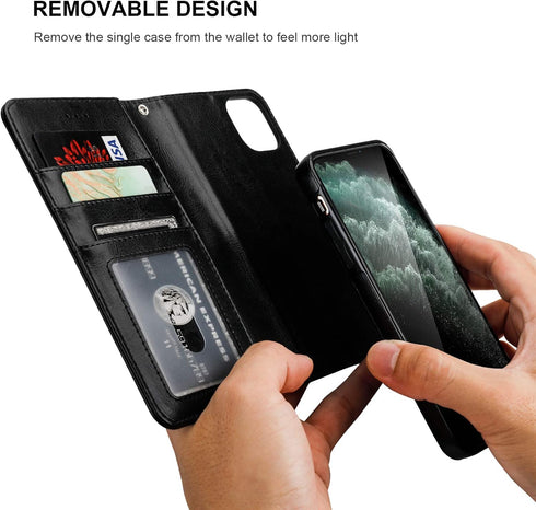 Bocasal Wallet Case for iPhone 11 Pro Max, Black, with Card Holder, PU Leather, Magnetic Detachable Kickstand,
