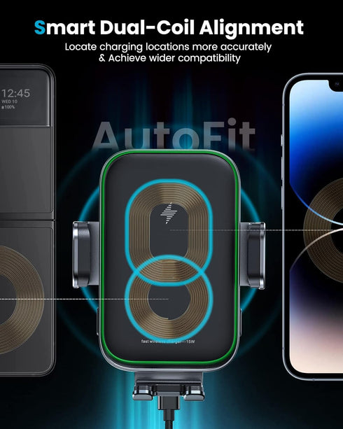 APPS2Car Dual Coil Wireless Car Charger Auto Clamping 15W Cup Holder Phone Mount for iPhone 16 15 14 13 Samsung