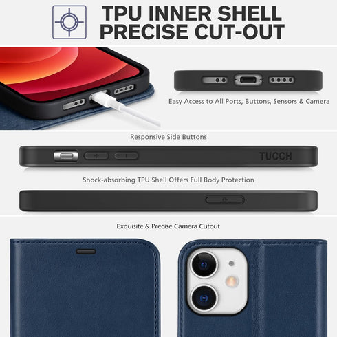 TUCCH Wallet Case for iPhone 12 Mini 5G, TPU Shockproof Inner Shell, PU Leather RFID Blocking Magnetic Stand Flip Cover